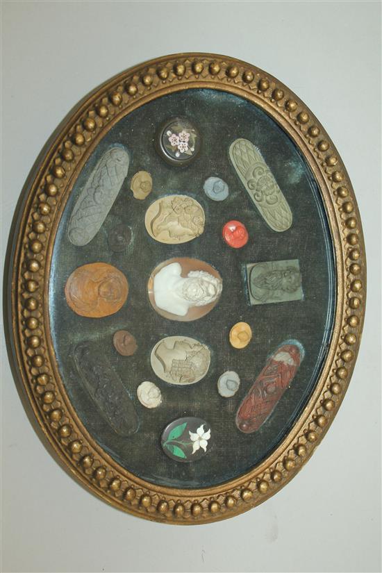 A collection of Italian Grand Tour lava, cameo and pietra dura roundels and plaques, 8.75in.